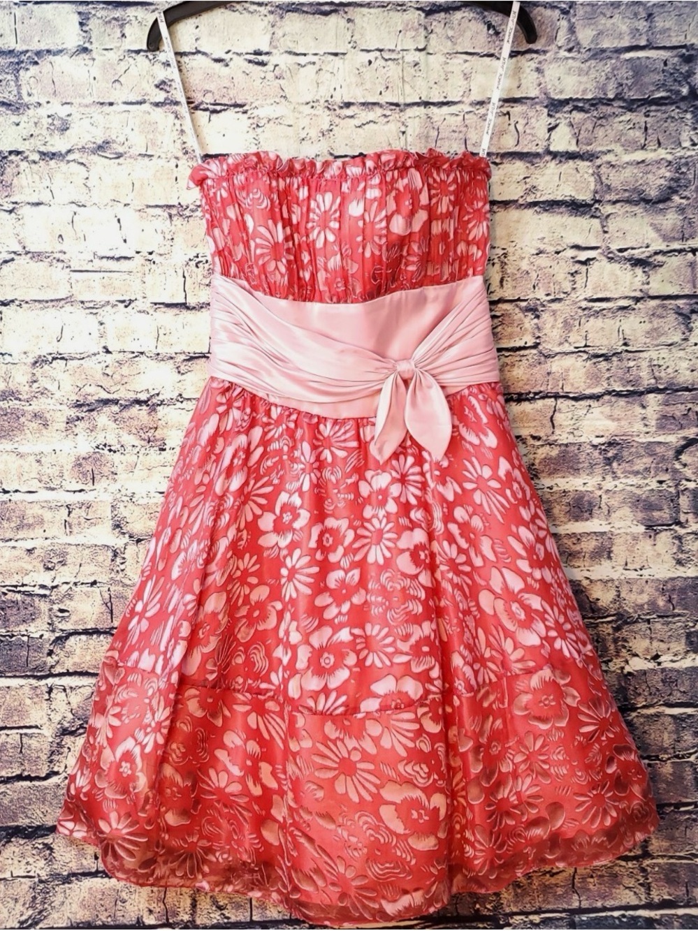 Betsey Johnson Evening Pink Floral Strapless Party Dress with Sash